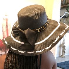 Black And White Hat Perfect For The Hot Summer Months Dress This Item Up Or Down Black Summer Hats For Day Out, Black Trendy Sun Hat For Day Out, Black Brimmed Sun Hat For Spring, Black Summer Sun Hat For Day Out, Trendy Black Straw Hat For Day Out, Casual Black Straw Hat For Day Out, Fitted Lined Hat For The Beach, Black Brimmed Straw Hat For Spring, Black Straw Hat For Day Out