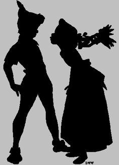 the silhouettes of two people are facing each other and one is holding flowers in her hand