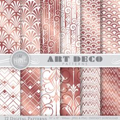 art deco digital paper pack with pink and white patterns, including an ornate design in the middle