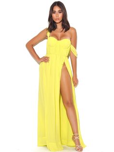 Yellow Maxi Dress: -High Slit Leg-Yellow Chiffon Dress in Maxi length-Shorts Materials: Jersey-Strapless-Split leg-Maxi in length-Long sleeves-Yellow Chiffon Maxi Dress Draping Sleeve, Yellow Chiffon Dress, Shoulder Piece, Miss Circle, Yellow Maxi Dress, Yellow Maxi, Red Chiffon, Chiffon Maxi, Chiffon Prom Dress