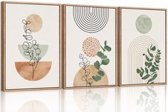 three framed art pieces with plants and circles on the wall, one is green and white