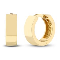 High polished square tubes are fashioned into circles in these timeless women's huggie earrings. Fashioned in 14K yellow gold, the earrings secure in place with hinged backs. Modern Yellow Gold Hinged Huggie Earrings, Gold Hinged Huggie Earrings For Formal Occasions, Yellow Gold Huggie Earrings For Formal Wear, Classic Hinged Yellow Gold Huggie Earrings, Classic Rectangular Hoop Earrings For Anniversary, Rectangular Yellow Gold Huggie Earrings Minimalist Style, Minimalist Yellow Gold Rectangular Huggie Earrings, Classic Hinged Huggie Earrings Gift, Classic Hinged Huggie Earrings