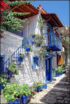 a white building with blue balconies and flowers growing on the windowsills