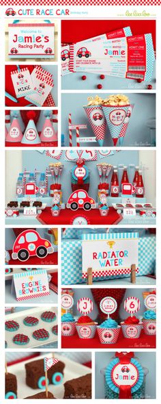 a firetruck themed birthday party with cupcakes, cake and dessert items