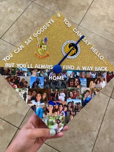 someone is holding up a graduation cap with photos on it and the words, you can't goodbye & you can help