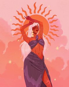 an illustration of a woman with white hair and blue dress dancing in front of the sun