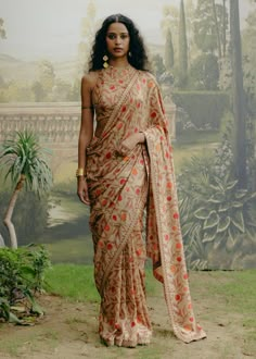 Biscuit Printed Sari And Blouse by Drishti & Zahabia, available on Indiaspopup.com Brown Saree, Kalamkari Print, Traditional Indian Clothing, Saree Floral, Home Setup, Embroidered Hem, Padded Blouse, Female Dress, Indian Bridal Fashion