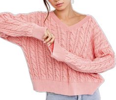 Trendy Pink Sweater For Cold Weather, Pink Chunky Knit Sweater For Cold Weather, Pink Soft Knit Sweater For Cold Weather, Pink Spring Sweater For Cold Weather, Pink Sweater For Spring Cold Weather, Pink Sweater For Cold Spring Weather, Cozy Pink Cable Knit Sweater, Pink Knitted Sweater For Cold Weather, Winter Pink Cable Knit Sweater