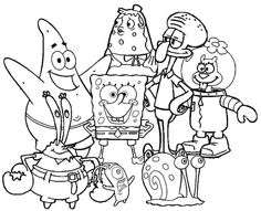 spongebob and friends coloring pages to print for kids, with the cartoon characters in black and white