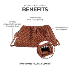 Part of our limited edition A’mano collection, our hand-crafted woven leather handbag is a strikingly luxe specialty item that stands apart from most others. Natural cowhide with a hand-massaged vintage two-tone effect, Noble is a cloud-like, clutch-style purse featuring a leather-covered, structured frame + unique detachable/adjustable shoulder strap. In addition to the stunning exterior, the interior is quite roomy with an interior zippered pocket. Wear it as a clutch, a crossbody or a shoulde Leather Sling Bags, Fashion Background, Leather Frames, Heritage Backpack, Shoulder Backpack, Backpacking Packing, Leather Hobo Bag, Genuine Leather Bags, Crossbody Tote