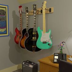 The Pro-File Wall Mounted Multi Guitar Hanger Hanging Guitars On Wall Ideas Bedroom, Guitar Wall Display, Guitar Hanging Ideas, Small Music Room, Guitar Corner