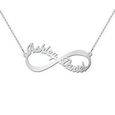 Valentine's Day Infinity Jewelry With Custom Name, Custom Name Infinity Necklace For Valentine's Day, Elegant Silver Infinity Name Necklace, Elegant Stainless Steel Name Necklace For Mother's Day, Infinity Name Necklace For Anniversary, Silver Infinity Name Necklace, Mother's Day White Gold Jewelry With Names, Elegant Infinity Name Necklace With Custom Name, Elegant Infinity Name Necklace For Anniversary