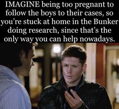 two men standing next to each other with the caption imagine being too pregnant to follow the boys to their cases, so you're stuck at home in the bunker