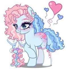 a pink and blue pony with hearts on it's tail, standing next to a heart shaped balloon