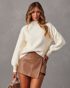 Cream % Amsterdam Mock Neck Sweater-1 Fall Hamptons, Fall Fashion Photoshoot, Western Wear Dresses, Fine Knit Sweater, Office Chic, Winter Tops, Cream Sweater, Mock Neckline, Dresses By Length