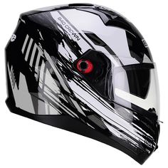 the helmet is designed to look like it has been painted black and white with red accents