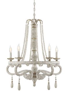 a white chandelier with pearls hanging from it's center and four lights on each side