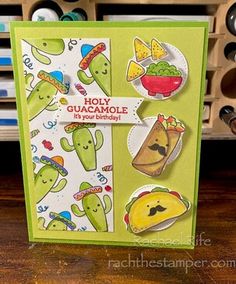 a close up of a greeting card with cactus and taco designs on the front