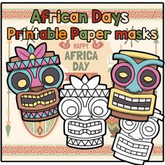 an african day printable paper mask with two faces on the front and one in the back