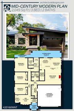 the mid century modern plan is shown in this brochure, which includes an attached garage