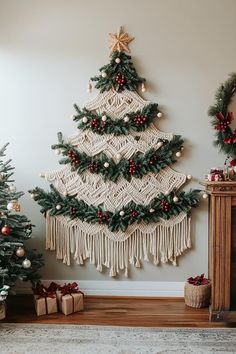 19 Unique Boho Christmas Decor Ideas - Lovely Harbor Christmas Bohemian Decor, Christmas Tree Themes Minimalist, Macrame Wall Christmas Tree, Boho Macrame Christmas Tree, Boho Christmas Porch Decor, Brown Christmas Decor Ideas, Large Macrame Christmas Tree Tutorial, Crochet Christmas Tree Wall Hanging, Macrame Garland Christmas