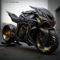 a futuristic motorcycle is shown with gold accents on the front and back wheels, as well as an intricately designed engine