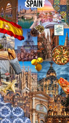 the collage shows many different things in spain