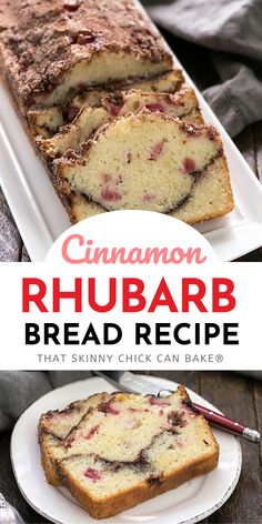 cinnamon rhubarb bread recipe on a white plate