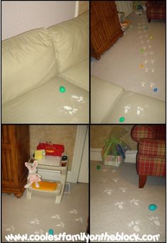 four pictures of the same room with dog paw prints on the floor and in between