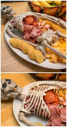 there are two pictures of different foods in the skeleton's body on this plate