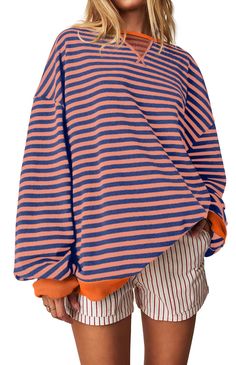 PRICES MAY VARY. 【What Material We Use】: We believe in providing our customers with the best quality products. Women oversized striped sweatshirt is made of high quality cotton blend, it is super soft, stretchy, breathable and skin-friendly, to keep you comfortable and relaxed all day, suitable for Spring, Summer and Autumn. 【Colorblock Tops Chic Design】: Color block striped sweatshirt for women girls, crew neck long sleeve drop shoulder shirt top, ribbed neck, cuffs and hem, loose fit. The uniq Free People Striped Sweatshirt, Beach Outfits Women Vacation Casual, Warm Climate Fall Fashion, Fall 24 Trends, Long Sleeve Top Outfit Casual, Cute Oversized Sweatshirts, Amazon Clothing Must Haves, Anthropology Clothing, Cute Tops For School