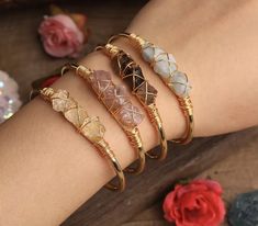 Gemstone bracelet Healing Together, Rose Gold Cuff Bracelet, Stone Bangles, Gold Cuff Bracelet, Metaphysical Healing, Crystal Bangle, Stone Bangle, Gold Bracelet Cuff, Gold Cuffs