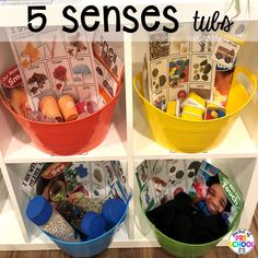 four different bowls with pictures of babies in them and the words 5 sense tubs