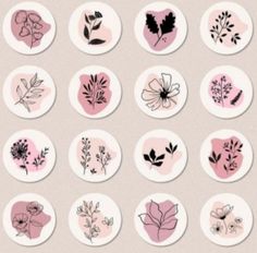 various flowers and leaves are shown in pink, black, and white circles on a light gray background