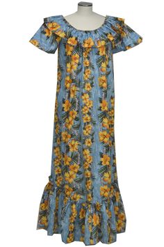 3LM-543BL - Lei of Aloha Design Long Blue Cotton Muumuu Hawaiian Dress Dress wear two way : can be worn on or off shoulders. 100% Cotton Poplin Elastic neckline with cap sleeves Ruffled hem & near ankle length Flared skirt and side pocket Relaxed fit & easy wear Made in Hawaii, USA Blue Hibiscus Print Summer Dress, Summer Blue Dress With Hibiscus Print, Summer Off Shoulder Dress With Short Sleeves For Vacation, Summer Off-shoulder Dress With Short Sleeves For Vacation, Blue Hawaiian Dress With Tropical Print, Hawaiian Short Sleeve Vacation Dresses, Blue Tropical Print Dress For Vacation, Blue Tropical Print Vacation Dress, Blue Tropical Dress With Hibiscus Print