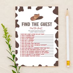 a cow printable game with the words find the guest and a pen next to it