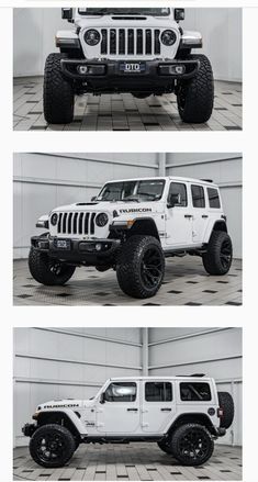 four different views of the front and rear sides of a white jeep with black wheels