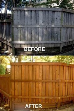 before and after pictures of a wooden fence