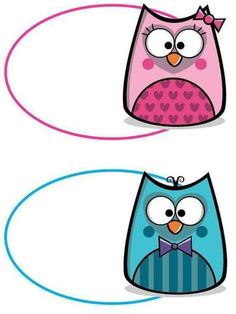 two cartoon owls with different colors and shapes