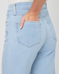 This modern ultra high-waisted wide leg has an easy, relaxed fit and an ankle length silhouette. Cut from our TRANSCEND VINTAGE denim, this bright icy blue wash has the look of authentic vintage denim but is incredibly comfortable with plenty of stretch and recovery. | Anessa Wide Leg Jean - Martini Blue | Size 24 Spring High Rise Mom Jeans, Light Wash Wide Leg Mom Fit Bottoms, Spring Medium Wash Mom Fit Flare Jeans, Light Wash Mom Fit Mid-rise Bottoms, Light Wash Mid-rise Mom Fit Bottoms, Light Wash High Rise Mom Fit Cropped Jeans, High Rise Flare Jeans For Everyday Summer Wear, Spring Wide Leg Mom Jeans, Spring Denim Blue Mom Fit Bottoms