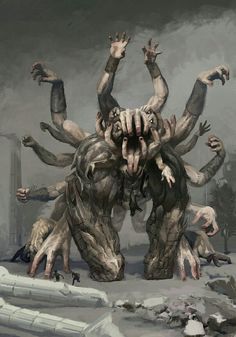 an image of a group of people with arms and hands in the air, surrounded by monsters