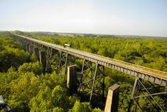 an aerial view of a bridge in the middle of trees