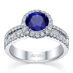 Blue Sapphire Round Halo Ring with Baguettes Double Halo Engagement Ring Round, Ring With Baguettes, Mom Rings, Round Halo Ring, Birthstone Engagement Rings, Rose Gold Halo Engagement Ring, Baguette Engagement Ring, Double Halo Engagement Ring, Halo Engagement Ring Sets