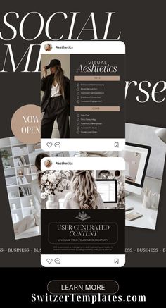 the website design for social marketing is shown in black and white, with an image of a