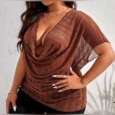 Cow Neck Blouse Never Worn . Blouses For Big Belly, Plus Size Night Out Tops, Brown Short Sleeve Party Top, Party Brown Short Sleeve Tops, Cow Neck Top, Blouse With Peplum, Without Bra, Black And White Baby, Plunging Neck