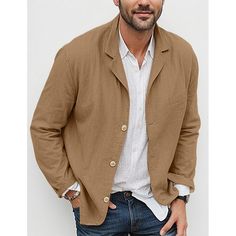 Season:Spring  Summer; Fabric:Cotton Blend; Gender:Men's; Occasion:Formal,Street,Party,Office; Placket:Single Breasted; Function:Comfy; Pattern:Solid Color; Neckline:Notch; Outerwear Type:Blazer Jacket; Listing Date:04/26/2024; Bust:null; Length:null; Shoulder Width:null; Sleeve:null Fall Khaki Blazer With Pockets, Khaki Outerwear With Lapel Collar, Beige Long Sleeve Blazer With Buttoned Pockets, Brown Single Breasted Sport Coat With Long Sleeves, Beige Collared Blazer With Buttoned Pockets, Beige Button-up Blazer With Pockets, Brown Single-breasted Long Sleeve Sport Coat, Beige Blazer With Pockets, Khaki Button-up Sport Coat With Pockets