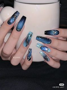 Black And Blue Nails, Luv Nails, Concert Nails, Nails Necklace, Special Nails, Black Acrylic Nails, Blue Acrylic Nails, Stylish Nails Designs, Blue Nail Designs