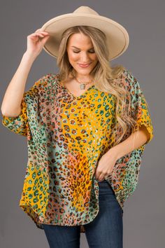 Oversize Printed Tunic :: NEW ARRIVALS :: The Blue Door Boutique Multicolor V-neck Tunic For Fall, Trendy Oversized Multicolor Blouse, Oversized Multicolor Blouse For Fall, Oversized Printed Multicolor Blouse, Oversized Printed Multicolor Tops, Bohemian Leopard Print Spring Tops, Bohemian Leopard Print Top For Spring, Spring Bohemian Leopard Print Tops, Oversized Multicolor Summer Blouse