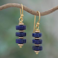 Gold accents add a glamorous aura to Sareeyakarn's newest design, crafted from precious lapis lazuli stones, often associated with royalty and intellect. The Thai artisan also complements these dangle earrings with little hematite beads in a gold tone and comfortable hooks for an easy fit, allowing you to dazzle on any occasion. Blue Lapis Lazuli Earrings, Lapis Jewelry, Lapis Earrings, Lapis Lazuli Beads, Lapis Lazuli Stone, Beaded Pendant Necklace, Hematite Beads, Beaded Dangle Earrings, Pendant Design