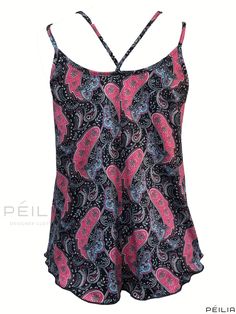 Peilia - Paisley Print Cami Top with Dual Straps, Elegant Sleeveless Crew Neck Summer Blouse, Womens Fashion Apparel Stretch Sleeveless Blouse Camisole For Beach, Printed Sleeveless Stretch Tankini, Sleeveless Tankini With Built-in Bra, Printed Camisole Tank Top For Beach, Printed Tank Camisole For Beach, Multicolor Printed Sleeveless Tankini, Sleeveless Multicolor Printed Tankini, Sleeveless Printed Multicolor Tankini, Casual Sleeveless Tankini With Built-in Bra